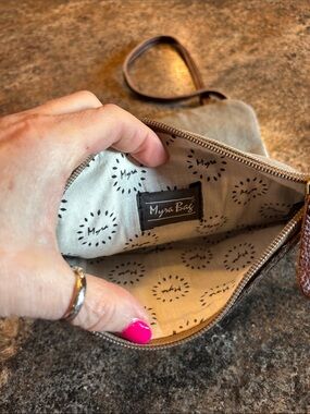 Myra Bag Brown Wristlet Pouch with Cream Printed Lining